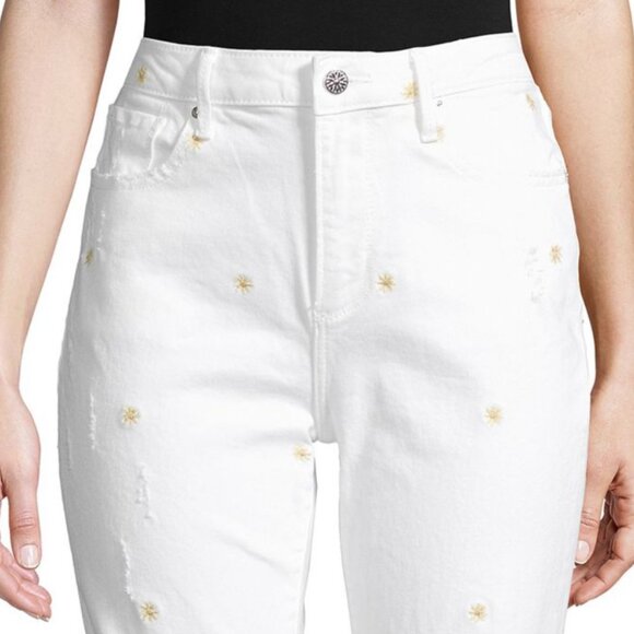 NEW Driftwood Women Embroidered Floral Daisy Distressed Crop Ankle Ripped Pants - Picture 3 of 6